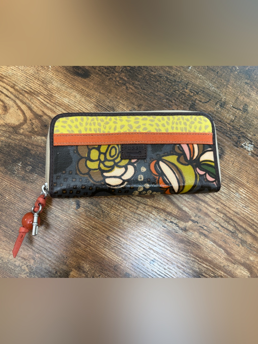Fossil Floral Zip Wallet in Yellow, Orange, Brown and Black